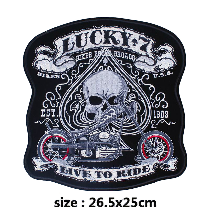 Lucky 7 embroidered iron-on patch featuring skull and motorcycle design, perfect for bikers and jacket embellishments.