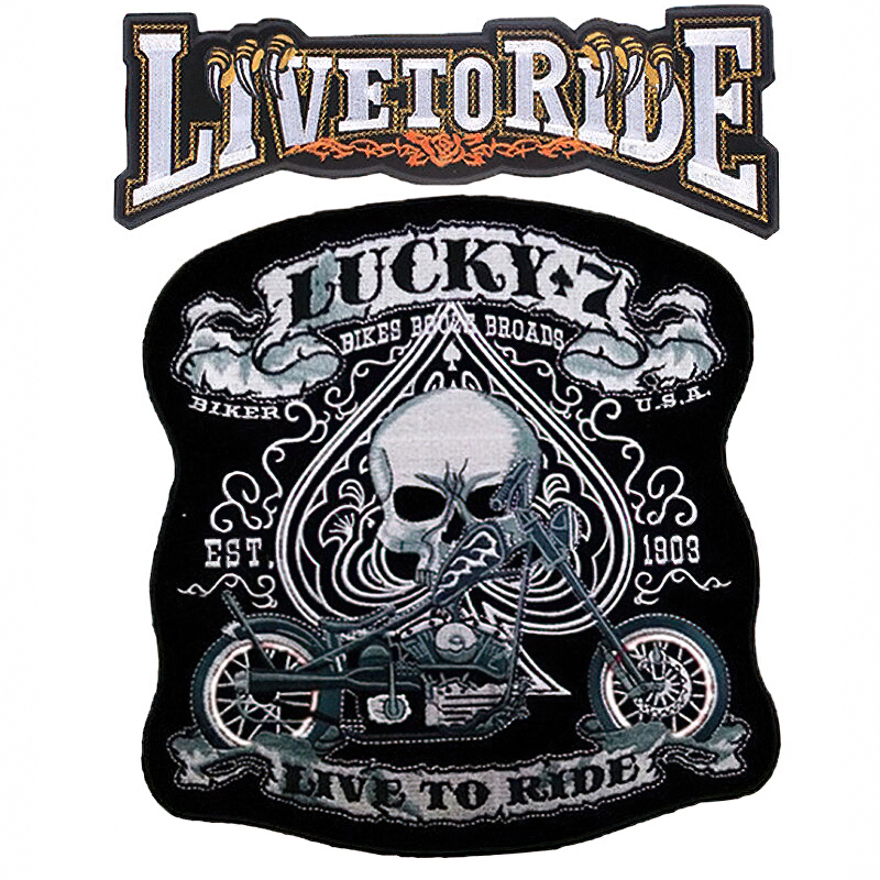 Lucky 7 embroidered biker patch featuring skull and motorcycle, perfect for iron-on jacket accessories.