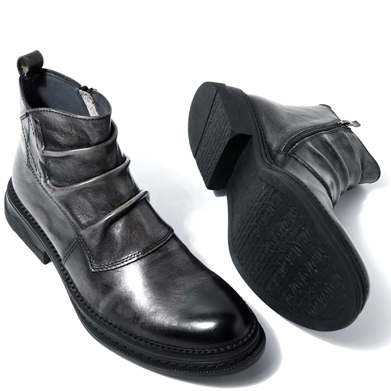 Luxery Men's Fold Ankle Boots / Trendy Wrinkle Leather Boots / Classic Zipper Shoes - HARD'N'HEAVY
