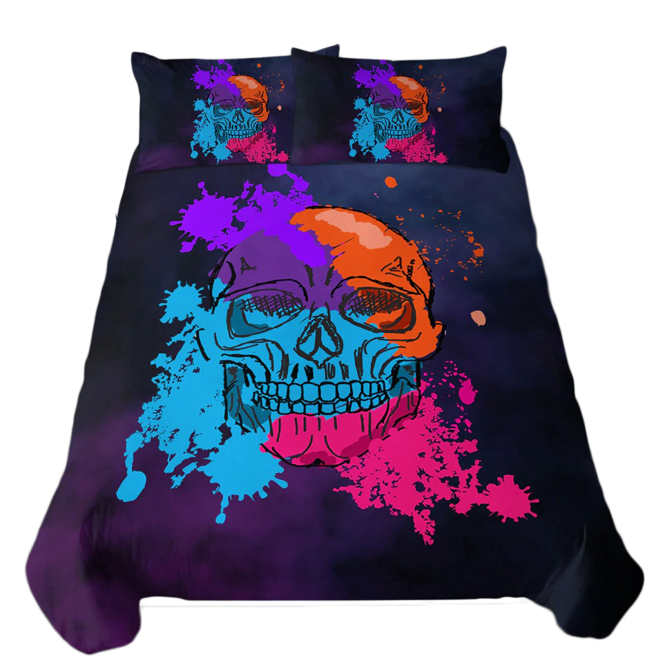 Luxury unisex bedding set featuring a colorful skull design, perfect for stylish gothic room decor for kids.