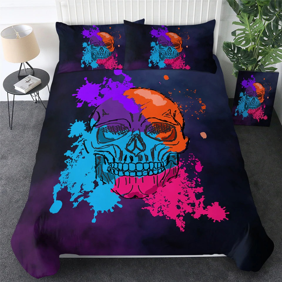 Vibrant luxury bedding set featuring a colorful skull design, perfect for a gothic style bedroom decor.
