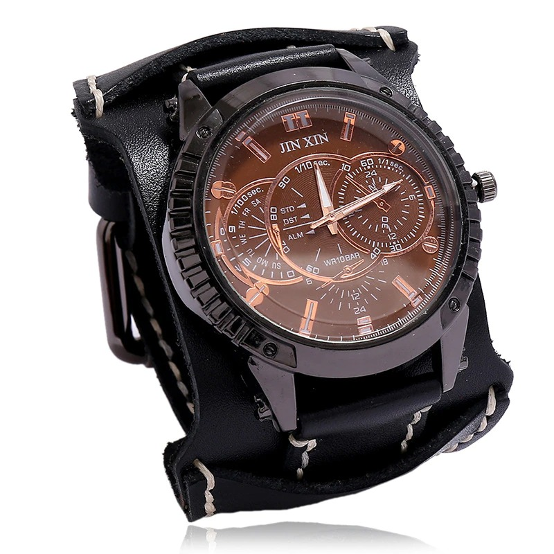 Luxury big dial quartz men's watch with a wide leather strap in black and bronze accents.