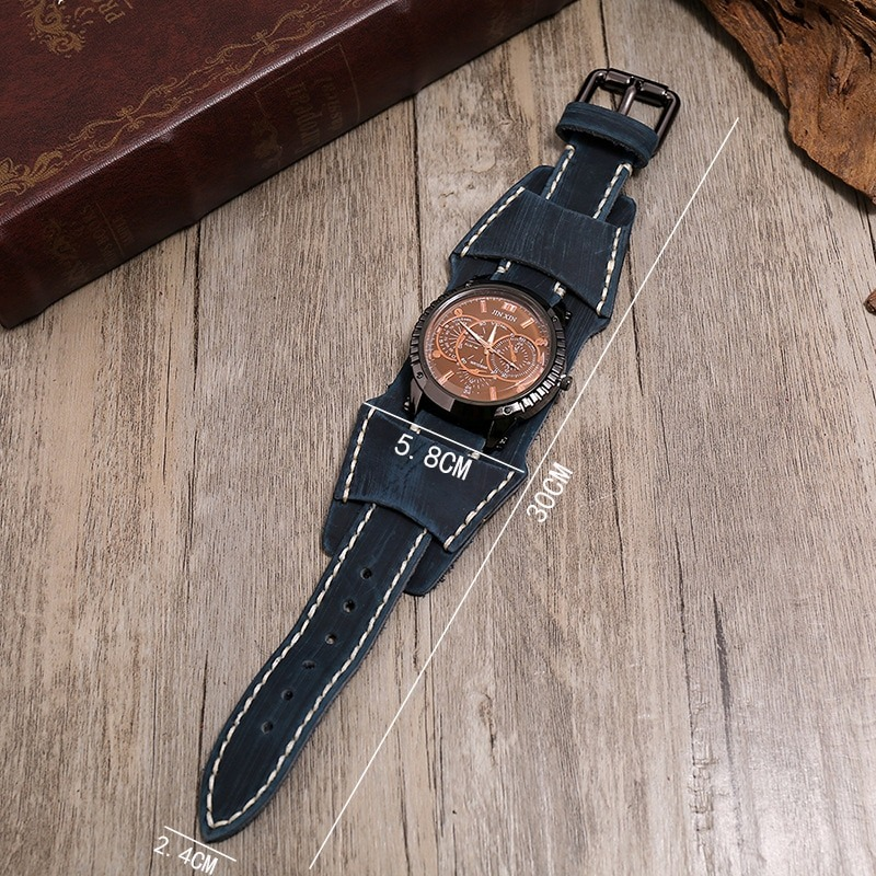 Luxury big dial quartz watch with wide leather bracelet, perfect for casual or formal outfits.