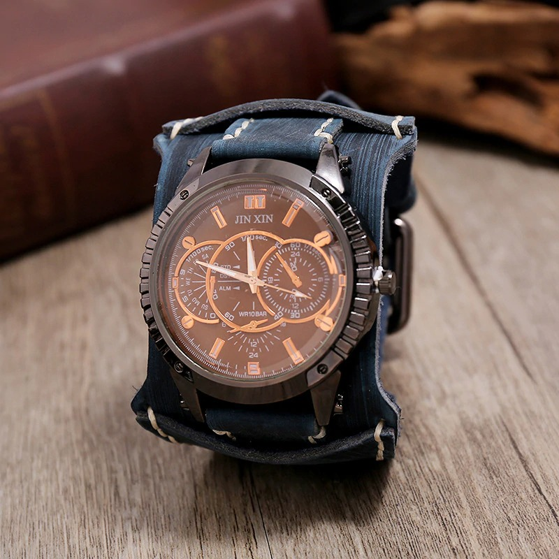 Luxury men's big dial quartz watch with brown face and blue leather strap, perfect for casual and formal outfits.