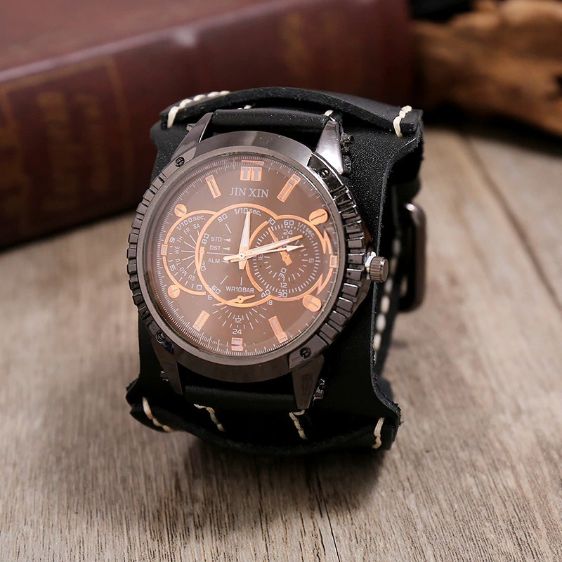 Luxury big dial quartz watch with black leather strap, ideal for casual and formal outfits, featuring stylish design and multiple color options.