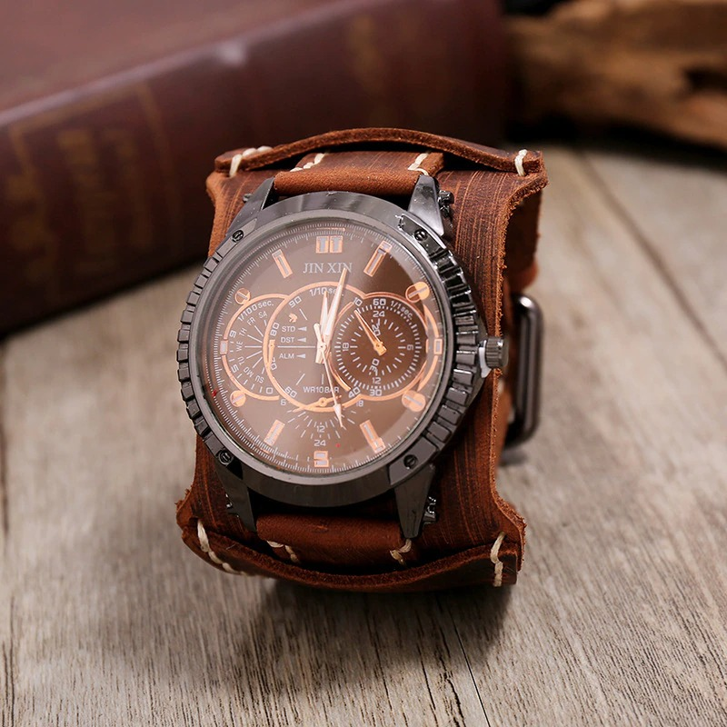Men's luxury big dial quartz watch with brown leather strap, perfect for casual or formal outfits.