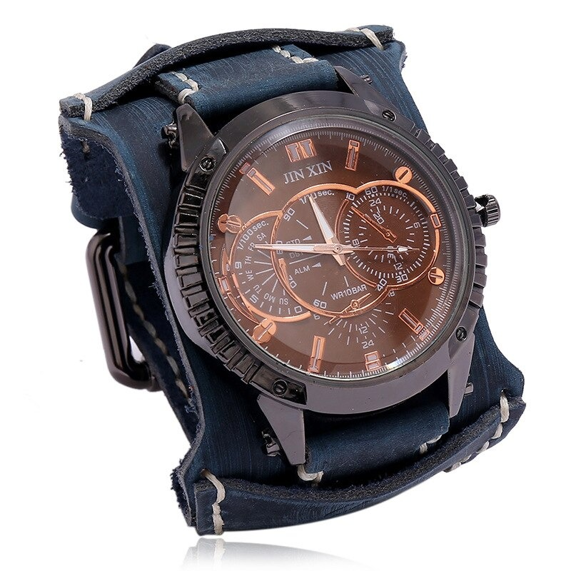Luxury big dial quartz men's watch with wide leather strap and stylish design, perfect for casual or formal occasions.