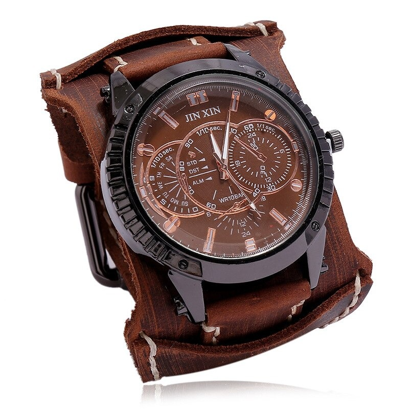Luxury big dial quartz watch with wide leather bracelet, perfect for casual and formal styles.