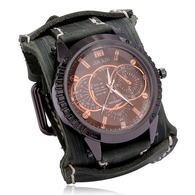Luxury men's big dial quartz watch with a stylish leather strap in green and brown tones.