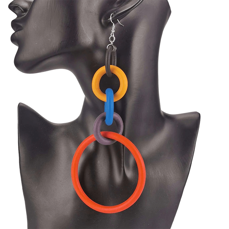 Colorful handmade big drop earrings for women, featuring orange, blue, yellow, and purple silicone rings.