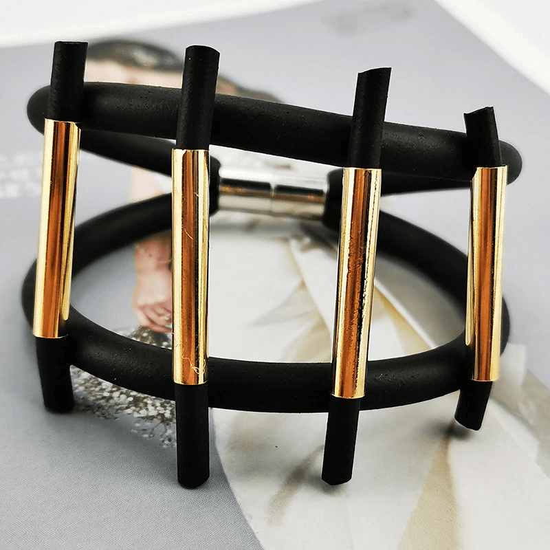 Luxury Black Color Charm Bracelets with Magnetic Clasp / Punk Style Rubber Wide Bracelets