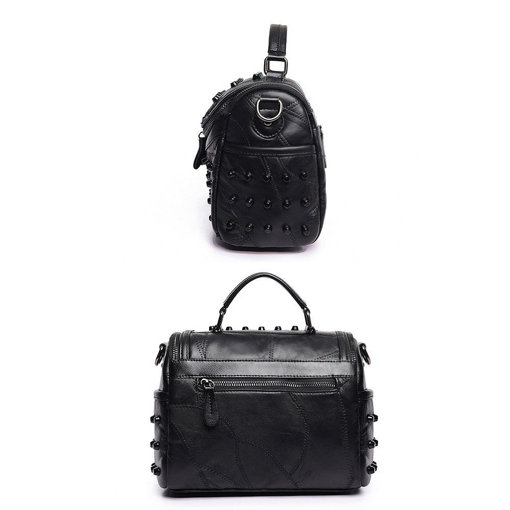 Luxury black women's sheepskin leather messenger bag with rivets, perfect for daily and evening use.