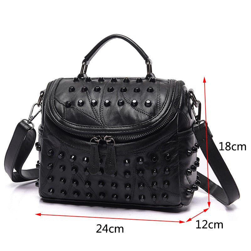 Luxury black women's sheepskin bag with rivets, perfect for daily and night outings, featuring multiple pockets.