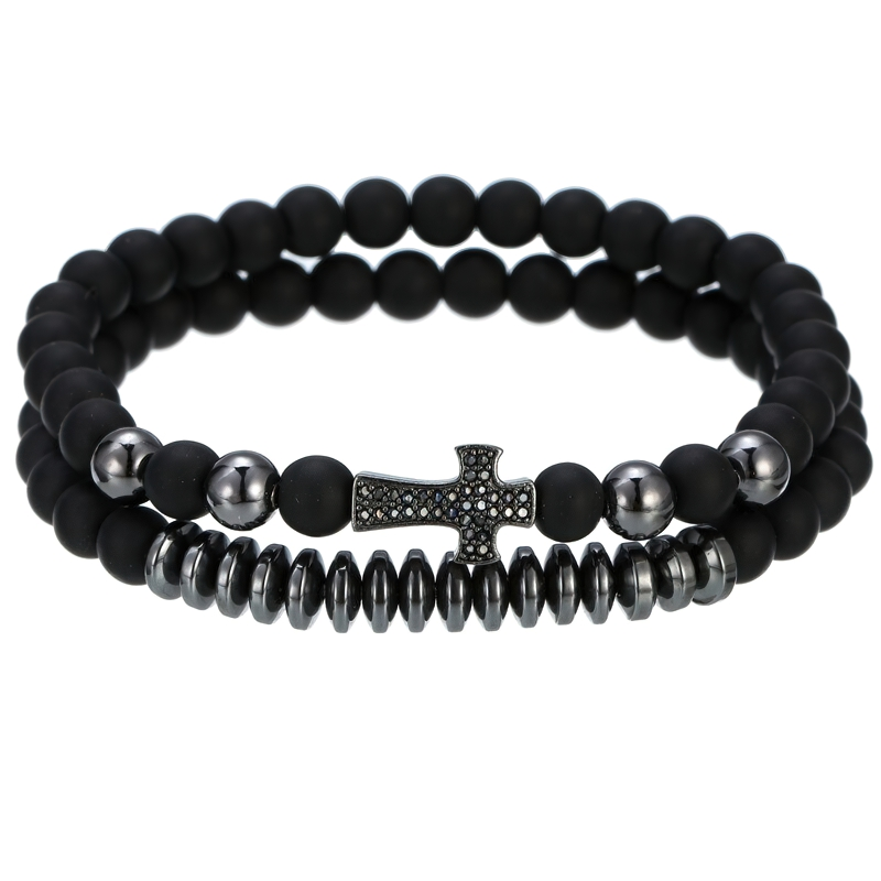 Unisex luxury bracelet with natural lava stone beads and cross, perfect for alternative fashion styles.