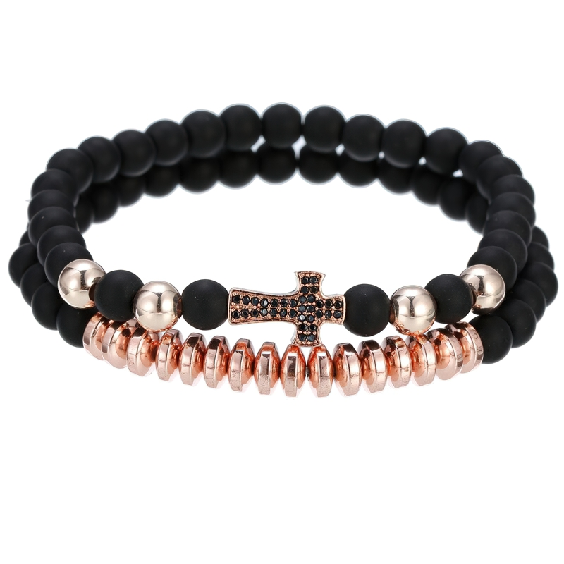 Luxury Bracelet Natural Lava Stone Beads With Cross / Unisex Alternative Fashion Jewelry - HARD'N'HEAVY
