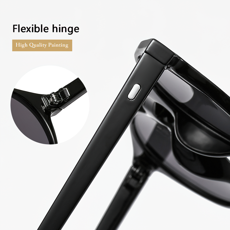 Close-up of luxury unisex sunglasses showcasing flexible hinge and high-quality painting detail.