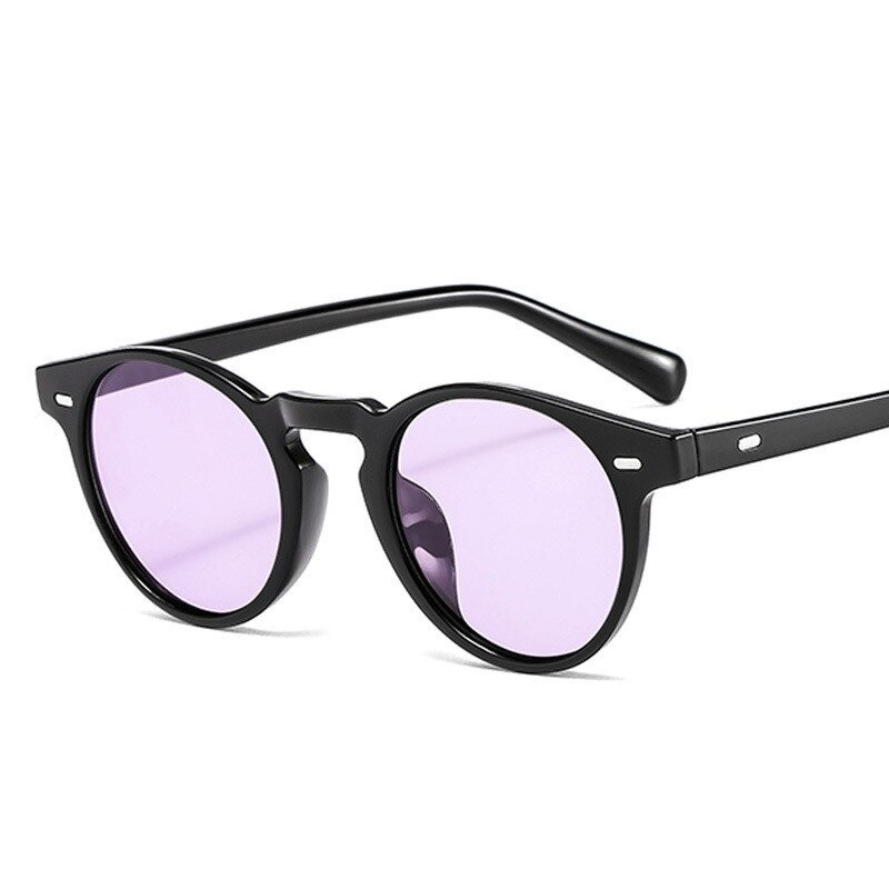 Trendy unisex luxury sunglasses with round black frame and purple lenses, perfect for casual outfits.