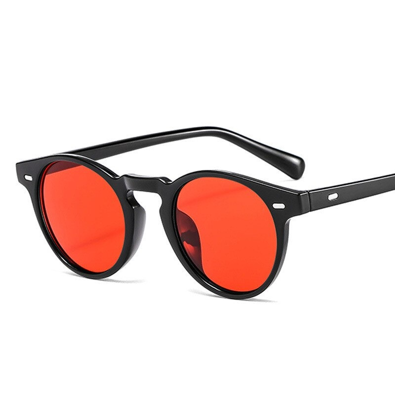 Trendy unisex retro sunglasses with red lenses and black frames, perfect for any casual outfit.