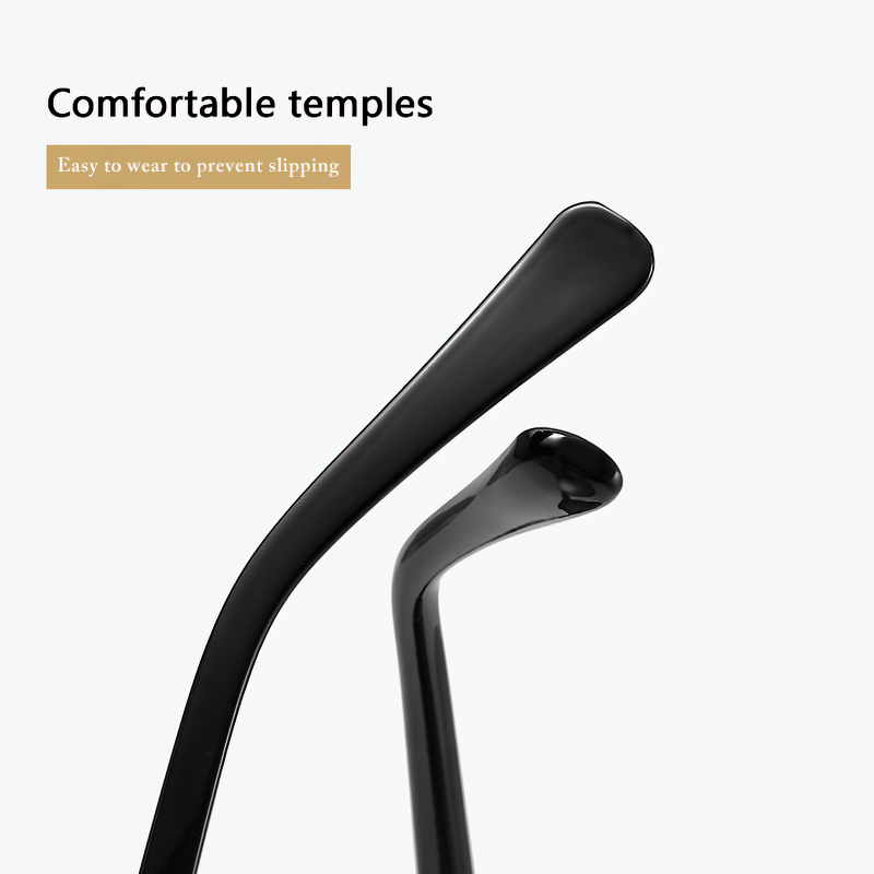 Close-up of black sunglasses temples, designed for comfort and anti-slip wear.
