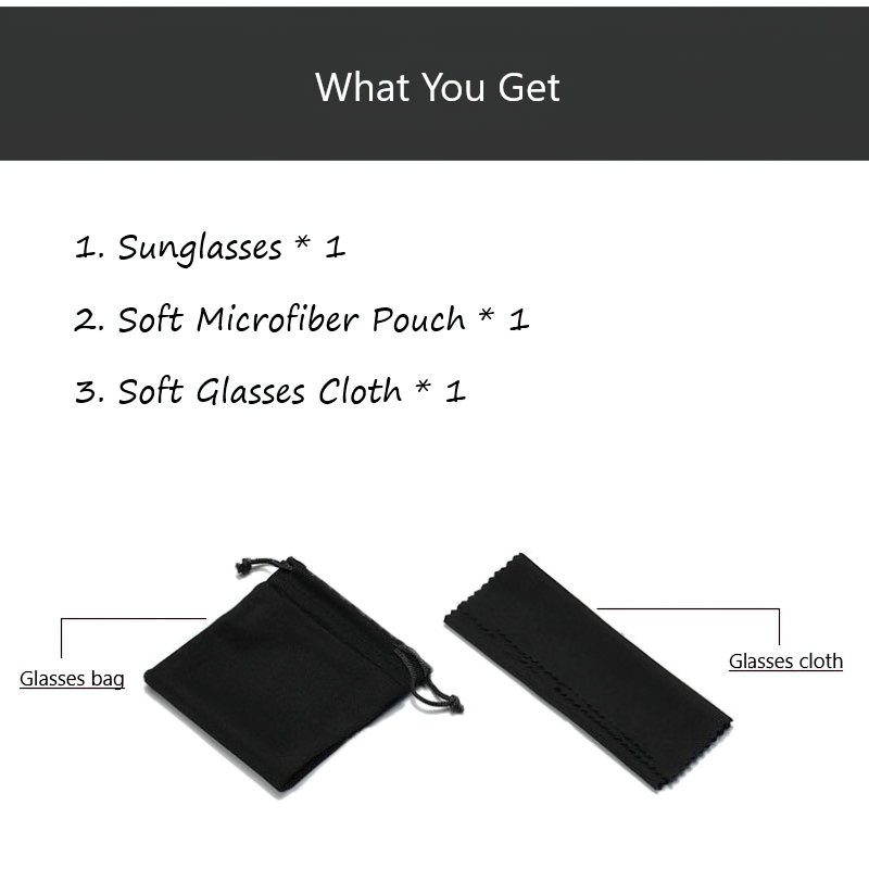 Package includes sunglasses, a soft microfiber pouch, and a cleaning cloth for stylish eyewear care.