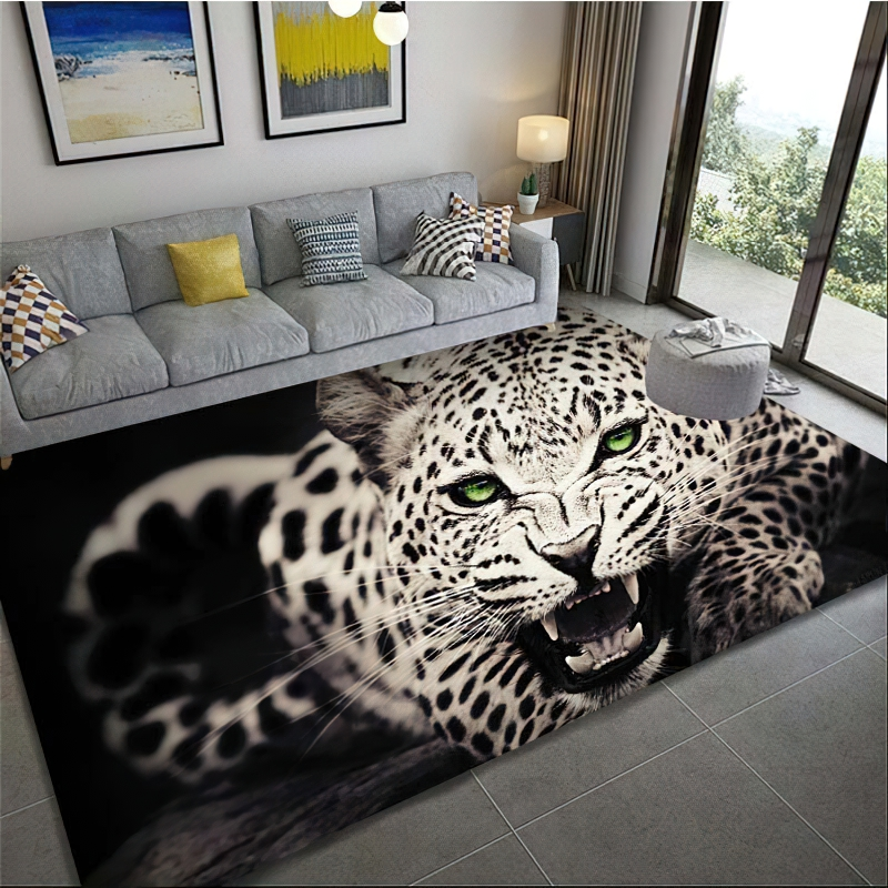 Luxury 3D leopard pattern carpet in stylish living room, perfect for modern home decor.