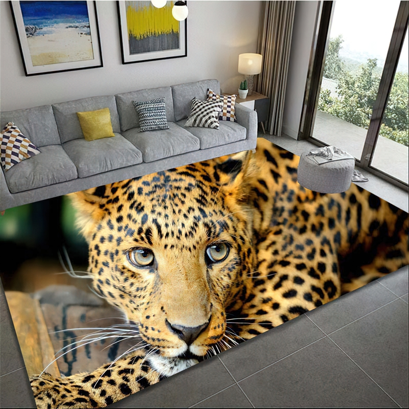 Luxury 3D leopard pattern carpet enhancing home decor in a stylish living room setting.