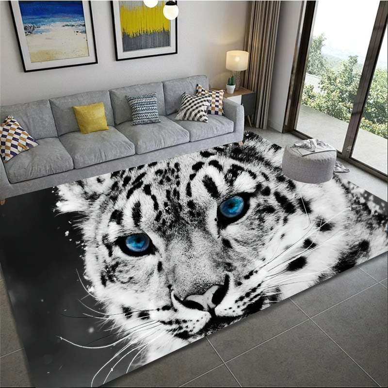 Luxury 3D Leopard Pattern Rug in stylish living room, featuring a striking leopard face design.