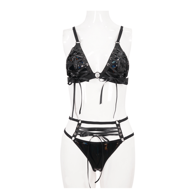 Luxury gothic faux leather lingerie set featuring a stylish black bra and panties design for women.