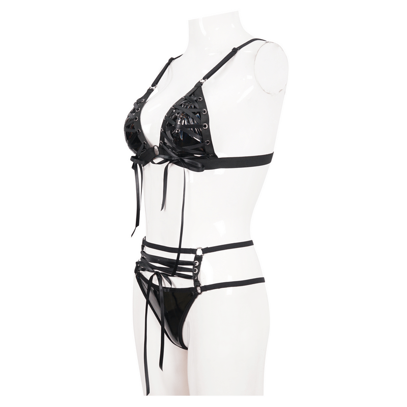 Luxury gothic style black faux leather lingerie set showcasing intricate cutouts and stylish design.