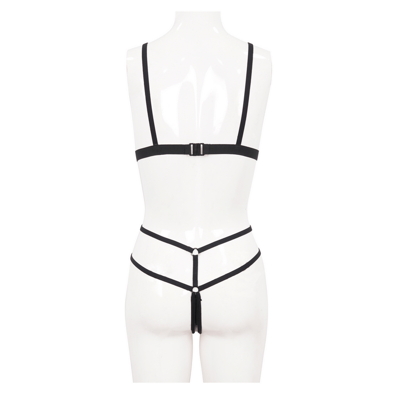 Back view of luxury faux leather gothic lingerie set for women, featuring stylish straps and cut.