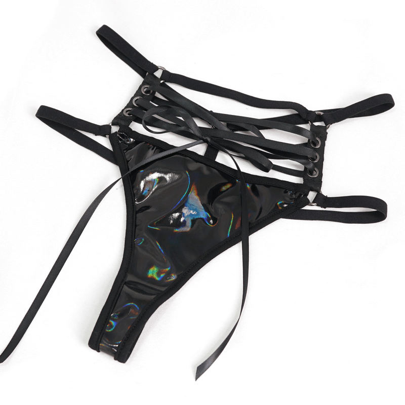 Luxury faux leather thong featuring gothic lace-up design and stylish straps for a daring look.
