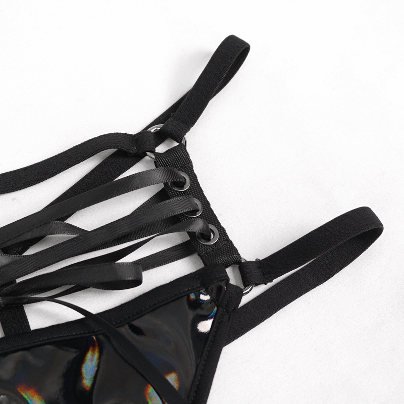 Close-up of luxury faux leather lingerie set featuring black straps and lace-up details, perfect for gothic style.