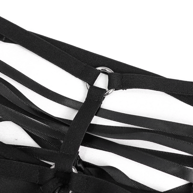 Close-up of stylish black faux leather lingerie straps showcasing elegant gothic design details.