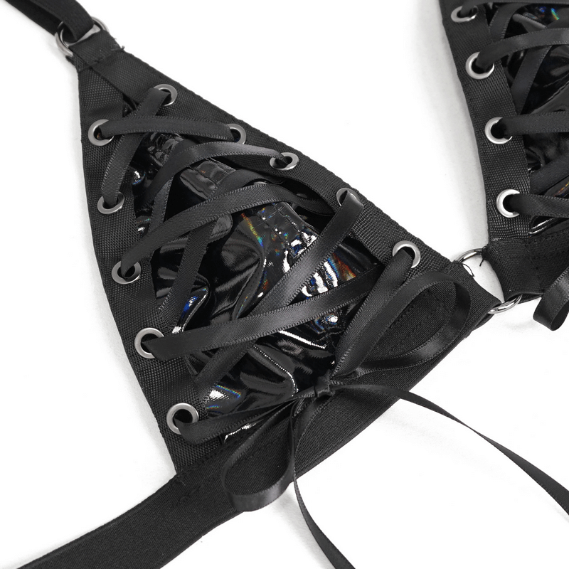 Close-up of gothic style black faux leather lingerie bra with lace-up detailing, perfect for a daring look.