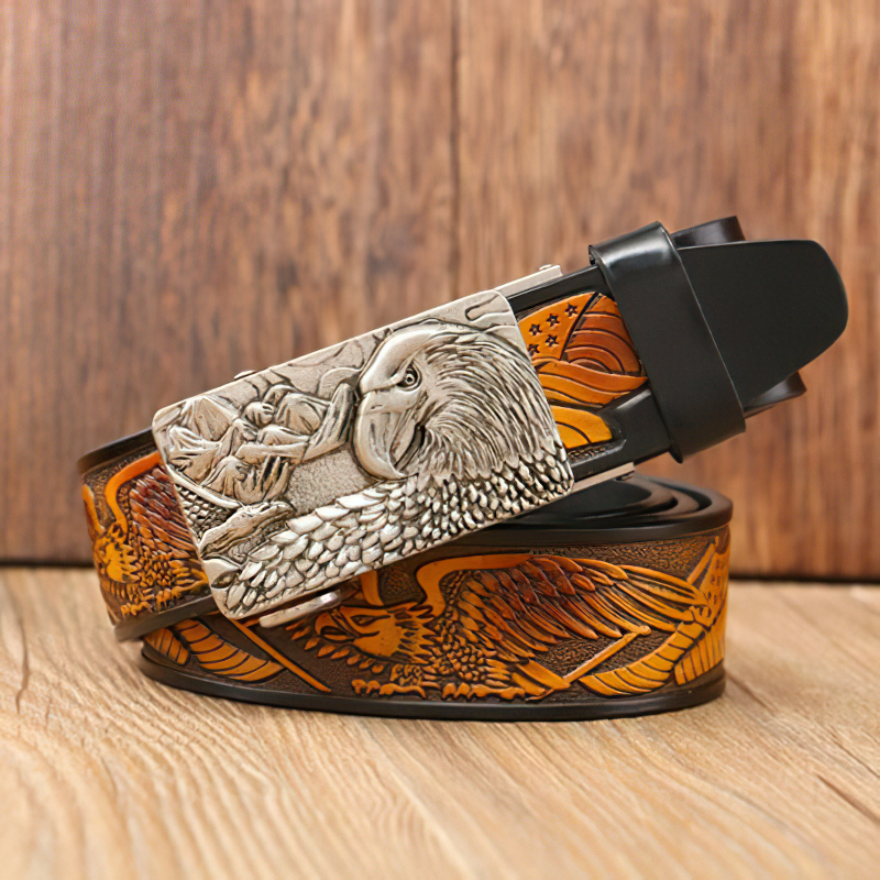 Luxury genuine leather belt for men featuring detailed eagle print, a stylish fashion accessory.