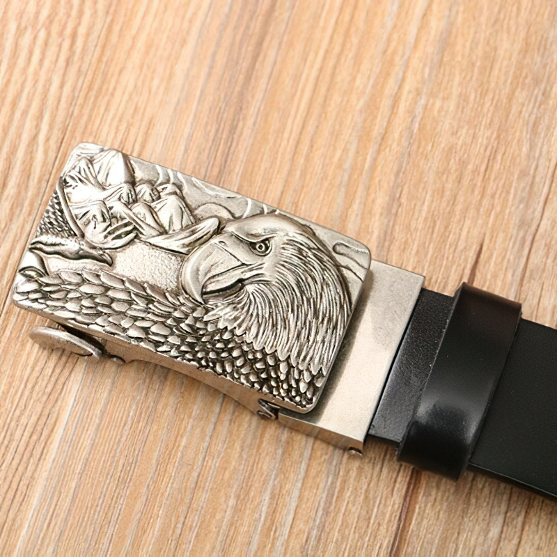Luxury genuine leather belt for men featuring an intricate eagle print buckle on a stylish design.