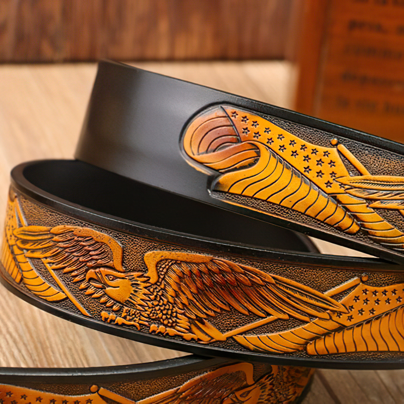 Luxury genuine leather belt for men featuring a detailed eagle print design, perfect for stylish accessories.