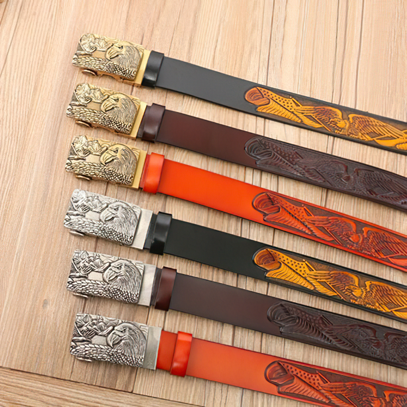 Luxury genuine leather designer belts for men with detailed eagle prints, showcasing six stylish designs.