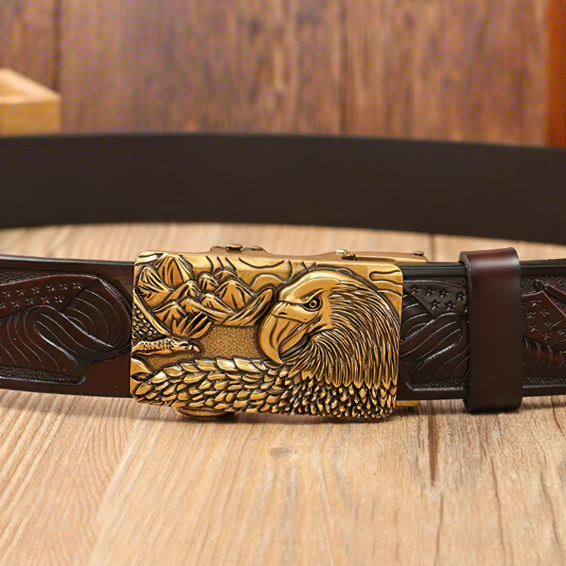 Luxury genuine leather belt for men featuring an intricate eagle print buckle, a stylish fashion accessory for any outfit.