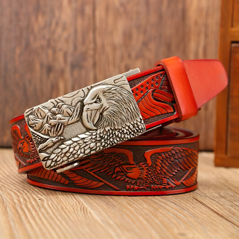 Luxury genuine leather belt for men featuring a stunning eagle print and stylish buckle design.