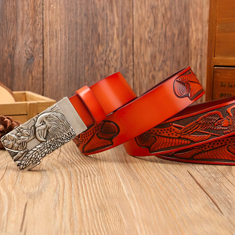 Luxury genuine leather belt for men featuring an eagle print design, perfect fashion accessory in stylish red.