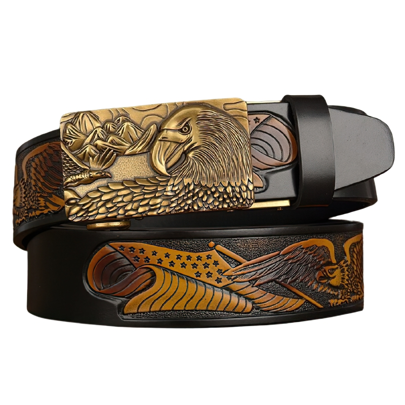 Luxury genuine leather belt with detailed eagle print and designer buckle for men.