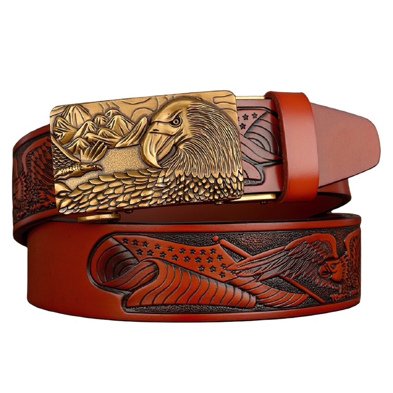 Luxury genuine leather belt for men featuring detailed eagle print and stylish buckle, perfect fashion accessory.