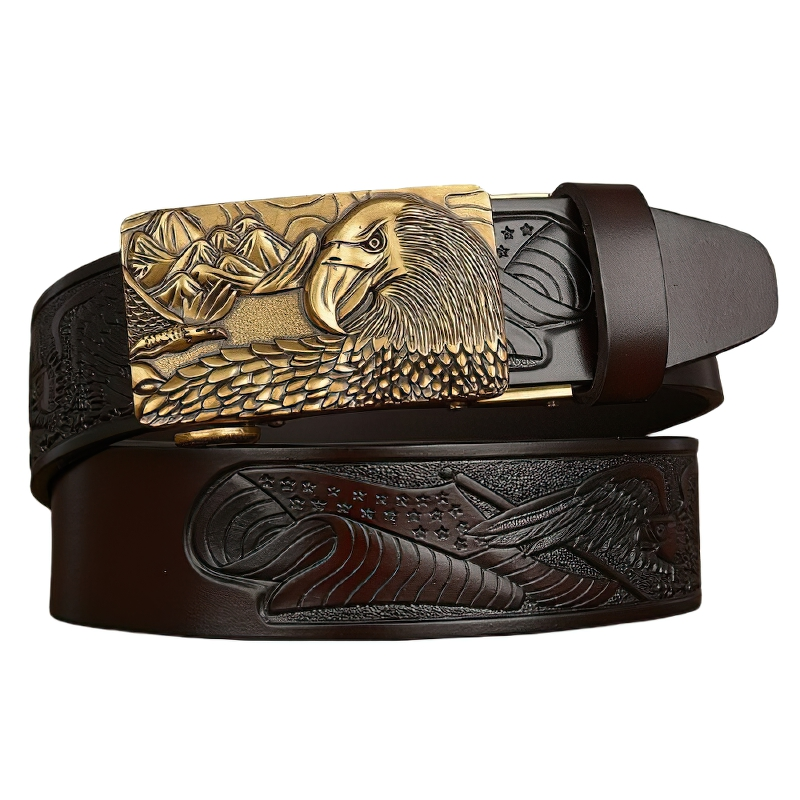 Luxury genuine leather belt for men featuring a detailed eagle print and a stylish buckle.