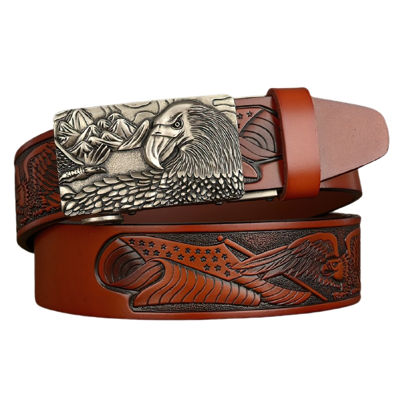 Luxury genuine leather belt for men with detailed eagle print and stylish buckle, perfect fashion accessory.