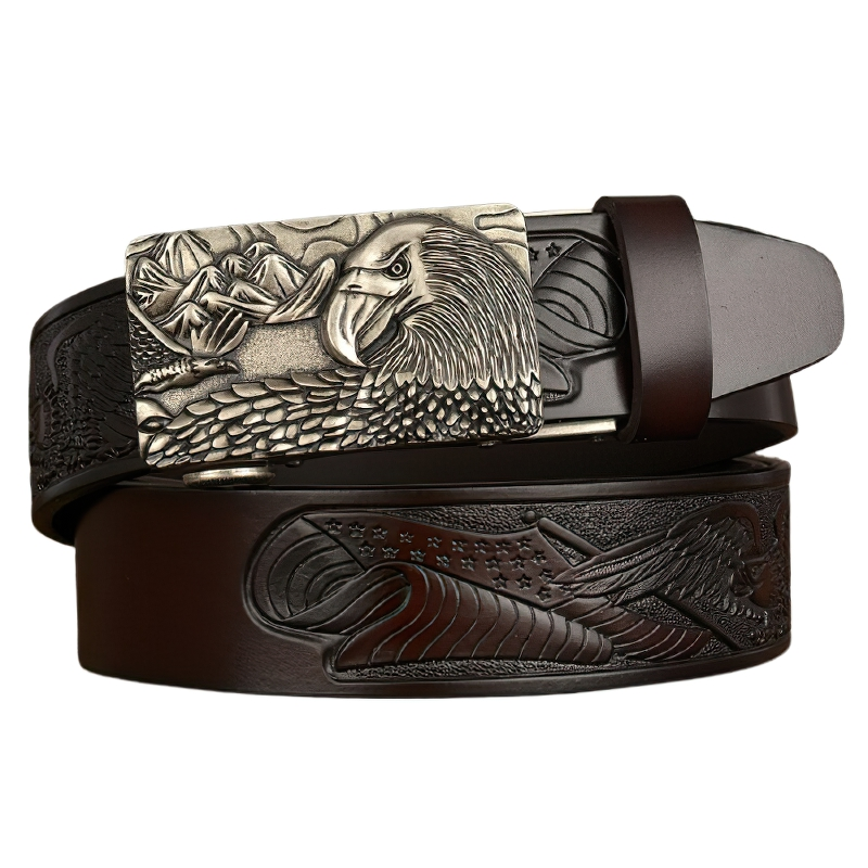 Luxury genuine leather belt for men featuring an intricate eagle print and stylish buckle design.