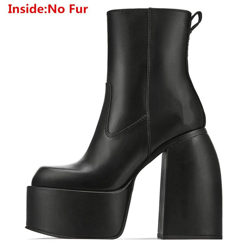 Luxury Genuine Leather Boots with Square Heel / Women Zipper Ankle Boots / Thick Platform Shoes - HARD'N'HEAVY