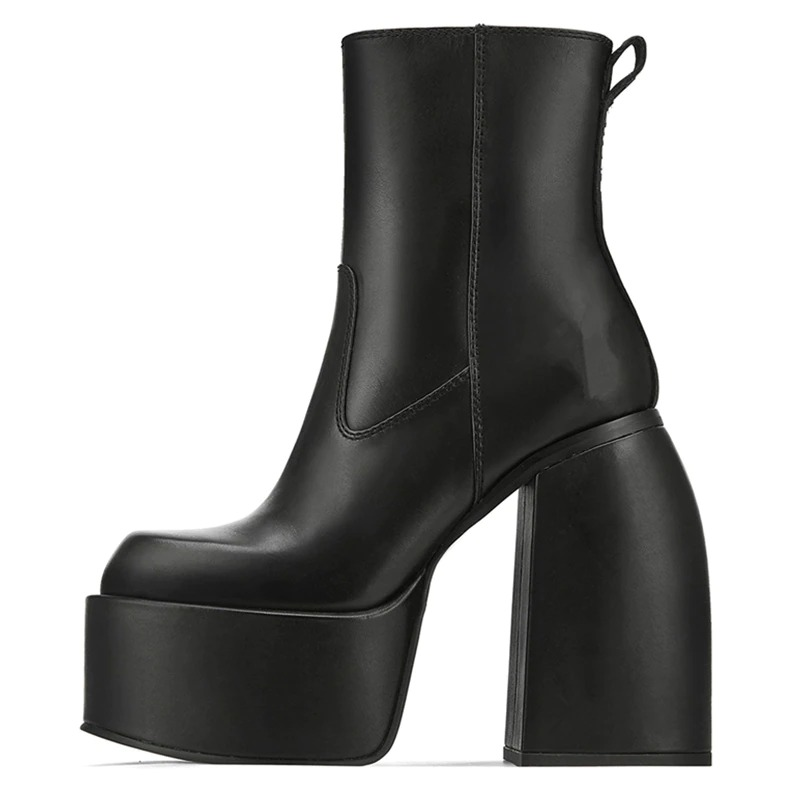 Luxury Genuine Leather Boots with Square Heel / Women Zipper Ankle Boots / Thick Platform Shoes - HARD'N'HEAVY