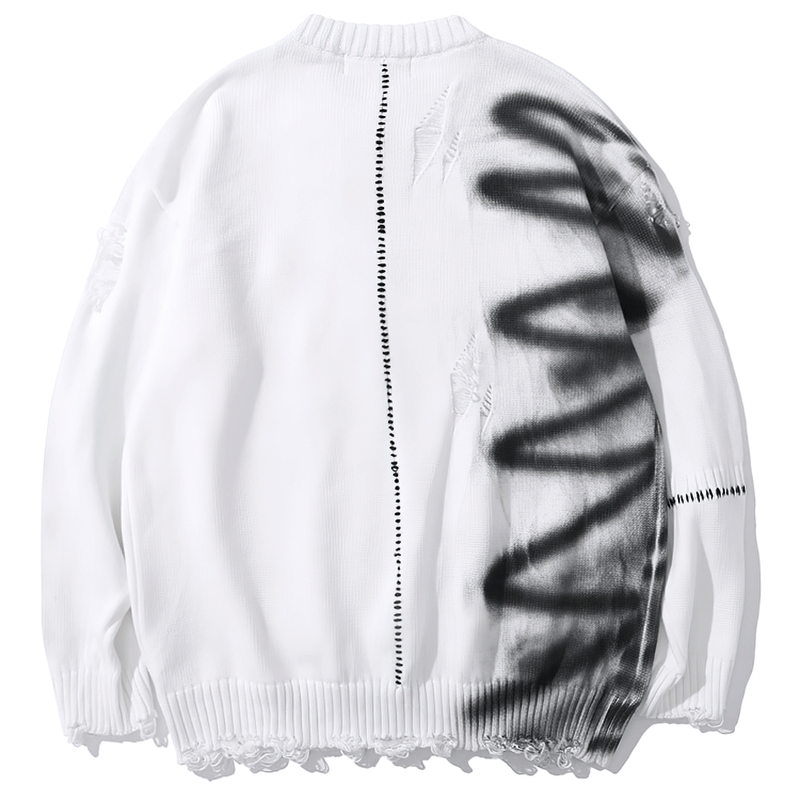 Luxury graffiti oversized white sweater with unique black spray design and vintage distressed details.