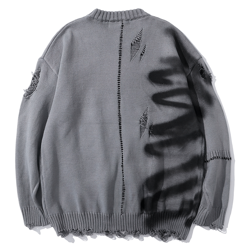 Oversized luxury graffiti sweater in gray with distressed details and cozy long sleeves for a stylish vintage look.